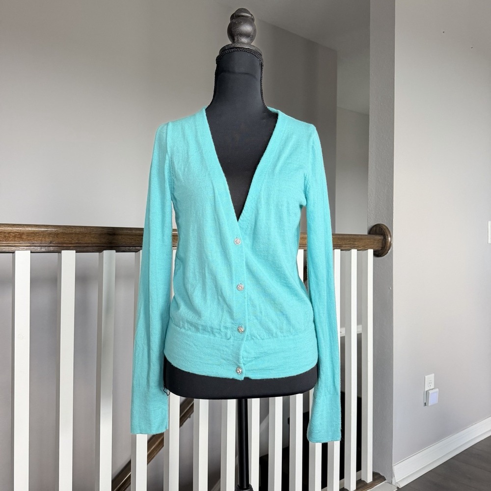J Crew 100% Merino Wool Turquoise Rhinestone Button Cardigan Sweater Medium Y2K